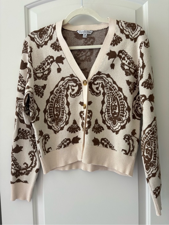 Ophelia Roe Sweaters - Ophelia Rae Cream and Brown Paisley V-Neck Cardigan